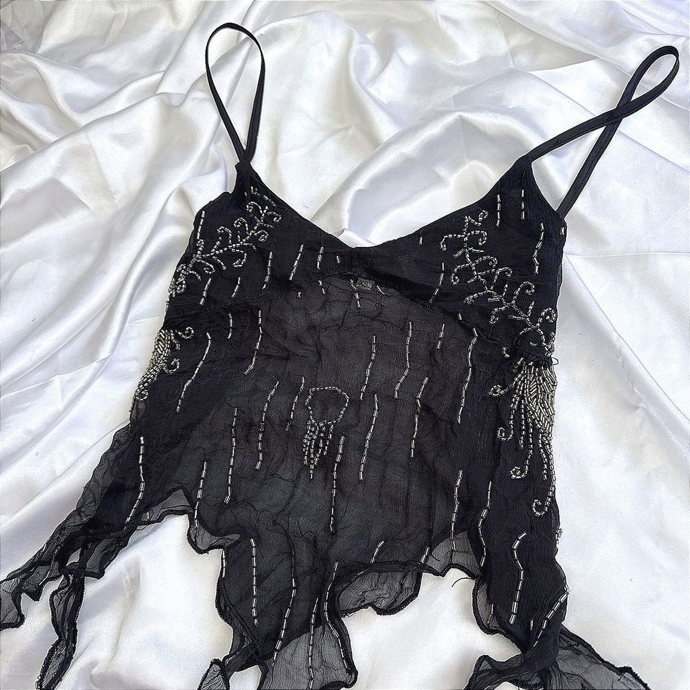 Vintage Beaded Sheer Cami Top Black Silver Sequin Handkerchief Hem XS Fairycore